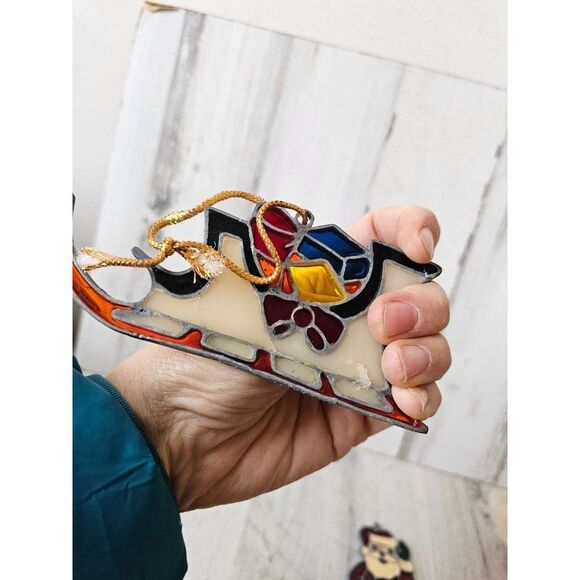 Vintage stained glass sleigh Santa ornament Xmas tree Sled - Picture 4 of 10